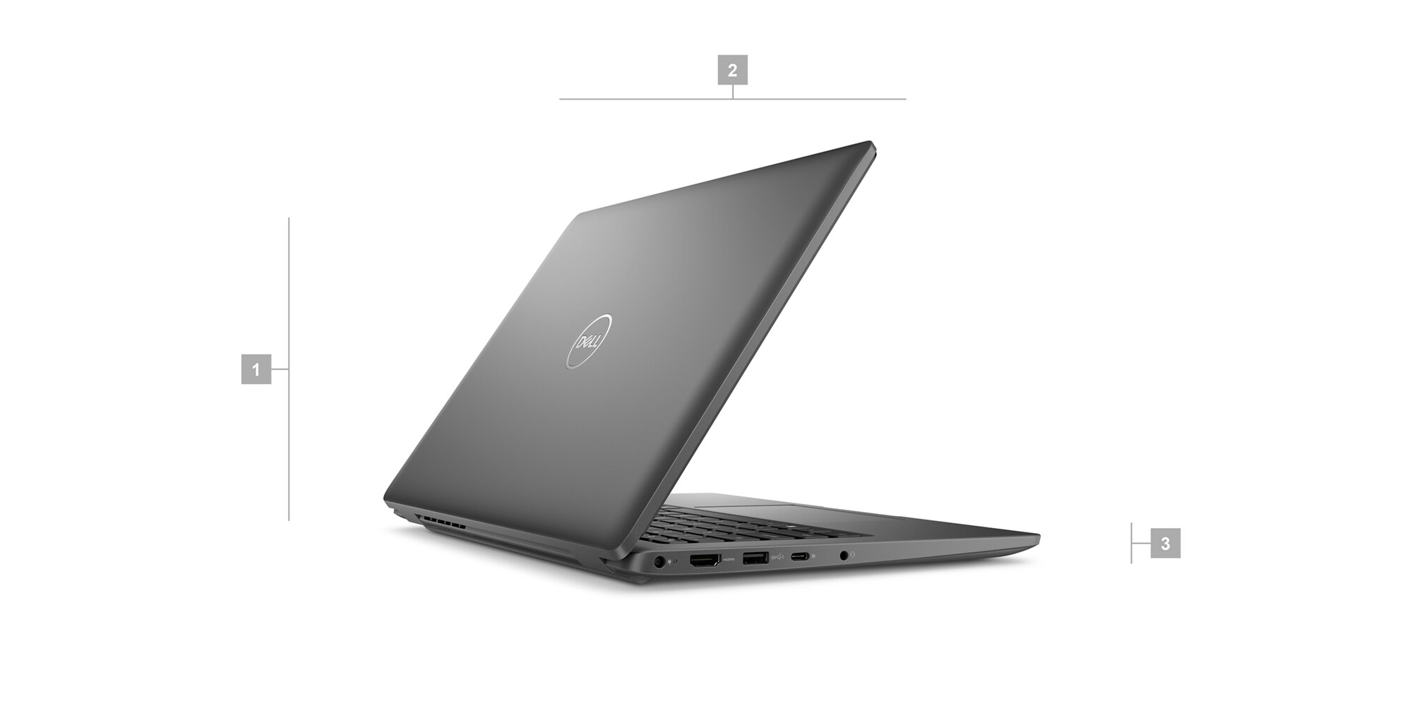 Ordinateur portable&nbsp;Dell&nbsp;Latitude&nbsp;14&nbsp;3440 avec des num&eacute;ros de&nbsp;1 &agrave;&nbsp;3 indiquant les dimensions et le poids du produit.