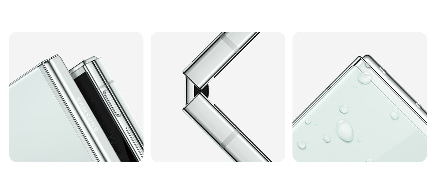 Gros plan sur le cadre lat&eacute;ral et la charni&egrave;re Flex. Gros plan sur la charni&egrave;re Flex d&rsquo;un appareil partiellement ouvert vu de profil. Gros plan sur un coin du Galaxy Z Flip5 avec des gouttelettes d&rsquo;eau &agrave; l&rsquo;ext&eacute;rieur.
