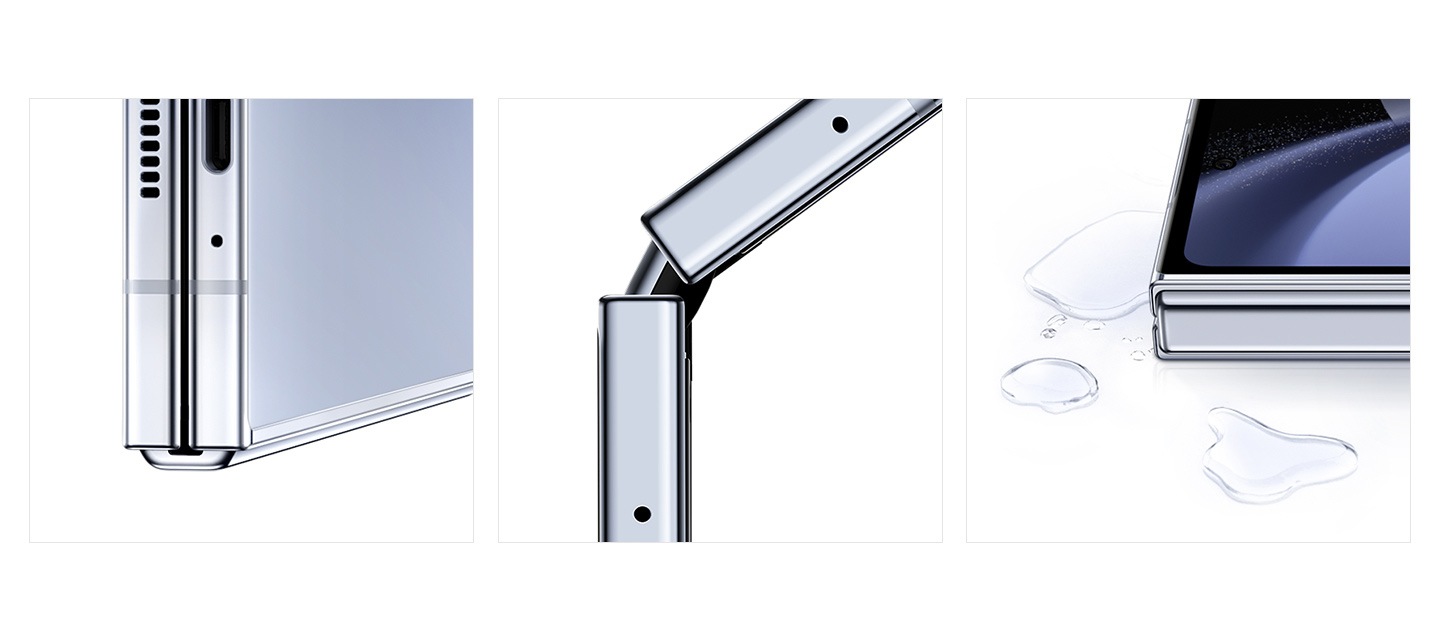 Gros plan sur le cadre lat&eacute;ral et la charni&egrave;re Flex. Gros plan sur la charni&egrave;re Flex. Gros plan sur un coin du Galaxy Z Fold5 avec des gouttelettes d&rsquo;eau autour.
