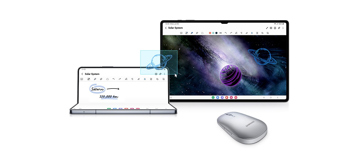 Une souris est utilis&eacute;e pour faire glisser une image entre le Galaxy Z Fold5 en mode Flex et un document sur la Galaxy Tab S9 Ultra.