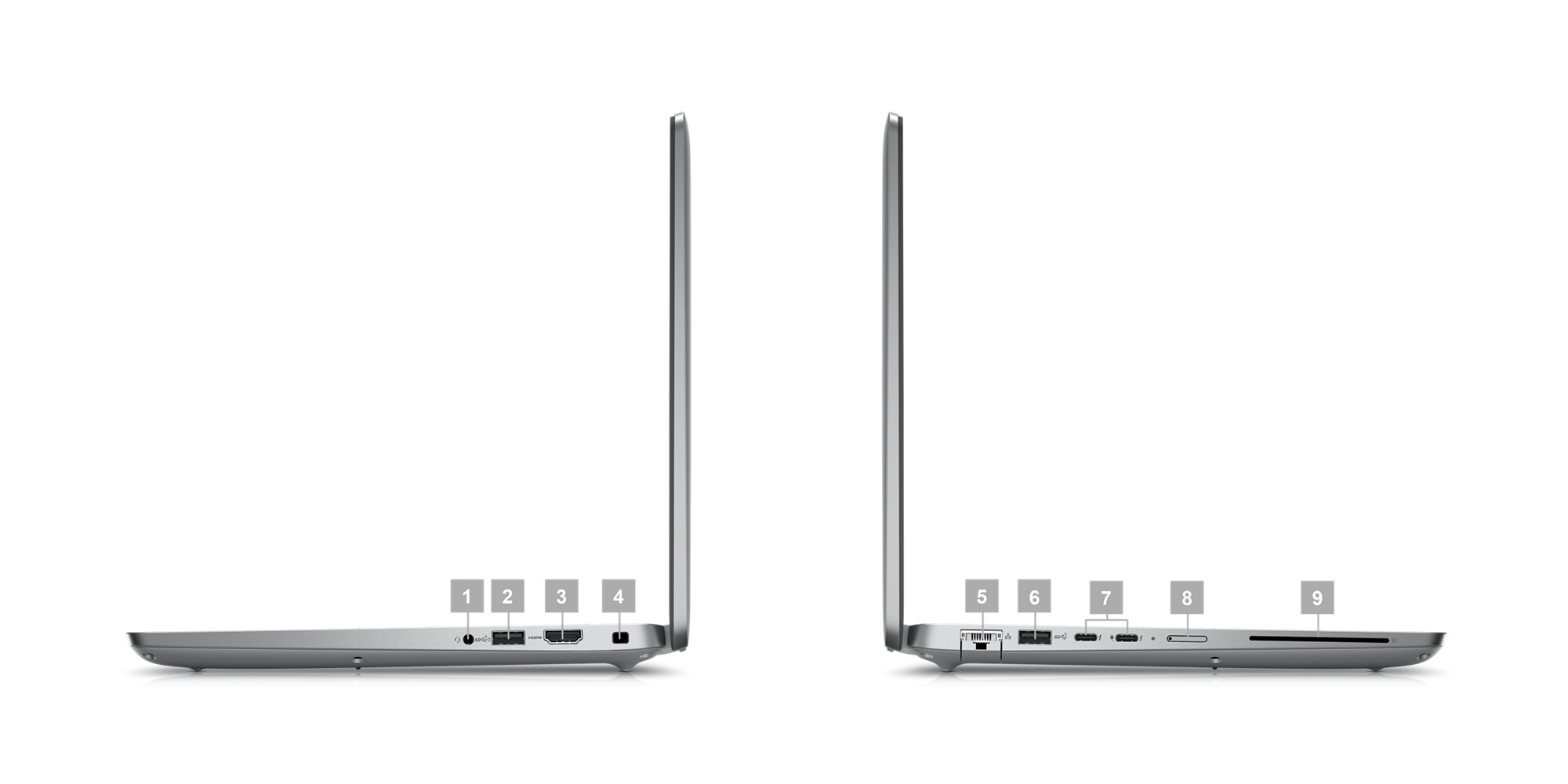 Ordinateur portable&nbsp;Dell&nbsp;Latitude&nbsp;14&nbsp;5440 avec des num&eacute;ros allant de&nbsp;1 &agrave;&nbsp;9 indiquant les ports et les logements du produit.
