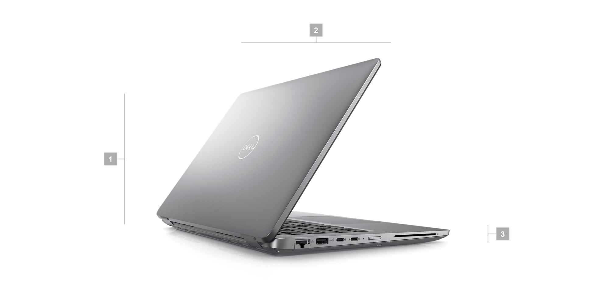 Ordinateur portable&nbsp;Dell&nbsp;Latitude&nbsp;14&nbsp;5440 avec des num&eacute;ros de&nbsp;1 &agrave;&nbsp;3 indiquant les dimensions et le poids du produit.