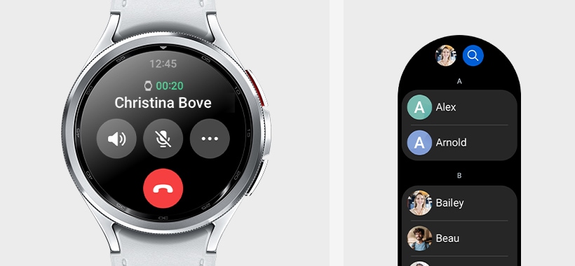 Une Galaxy Watch6 Classic affiche l&rsquo;&eacute;cran d&rsquo;appel. L&rsquo;interface utilisateur graphique (GUI) de l&rsquo;&eacute;cran de la liste de contacts est montr&eacute;e pour indiquer que les appels t&eacute;l&eacute;phoniques peuvent &ecirc;tre pass&eacute;s sur la Galaxy Watch6 Classic, sans avoir &agrave; sortir votre t&eacute;l&eacute;phone.
