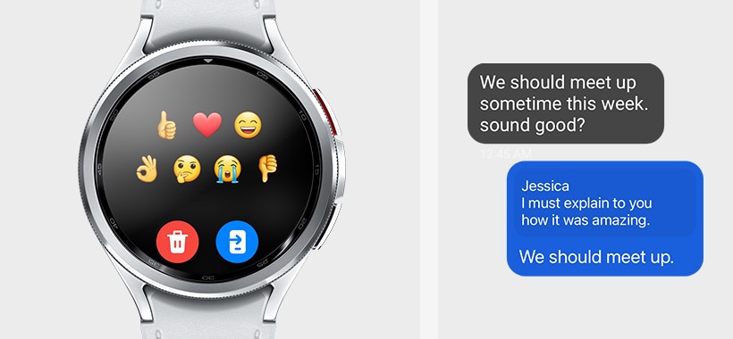 Une Galaxy Watch6 Classic&nbsp;affiche la liste d&rsquo;&eacute;mojis sur l&rsquo;&eacute;cran de SMS. Deux SMS sont montr&eacute;s pour indiquer que des messages peuvent &ecirc;tre re&ccedil;us et envoy&eacute;s sur la Galaxy Watch6 Classic, sans avoir &agrave; sortir votre t&eacute;l&eacute;phone.