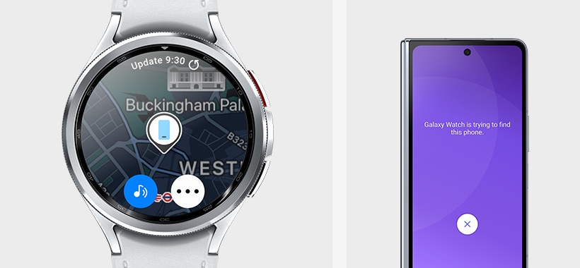 Une Galaxy Watch6 Classic affiche l&rsquo;&eacute;cran Trouver mon t&eacute;l&eacute;phone. Le Galaxy Z Fold5 affiche le texte &laquo;&nbsp;Recherche de votre t&eacute;l&eacute;phone...&nbsp;&raquo; avec une ic&ocirc;ne de recherche et un bouton &laquo;&nbsp;Ignorer&nbsp;&raquo;, pour indiquer que vous pouvez localiser votre t&eacute;l&eacute;phone directement depuis votre montre.