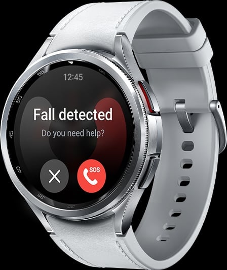 L&rsquo;&eacute;cran de l&rsquo;interface utilisateur graphique (GUI) de la fonction Appel d&rsquo;urgence de la Galaxy Watch6 Classic est pr&eacute;sent&eacute;. La Watch affiche l&rsquo;&eacute;cran D&eacute;tection des chutes, avec le texte &laquo;&nbsp;Avez-vous besoin d&rsquo;aide&nbsp;?&nbsp;&raquo; et un bouton d&rsquo;appel SOS en bas &agrave; droite.