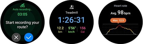 La Galaxy Watch6 Classic affiche diff&eacute;rentes ic&ocirc;nes d&rsquo;entra&icirc;nement avec une ic&ocirc;ne de randonn&eacute;e au milieu, le texte &laquo;&nbsp;Randonn&eacute;e&nbsp;&raquo; dessous et l&rsquo;ic&ocirc;ne Param&egrave;tres en bas. Trois &eacute;crans d&rsquo;interface utilisateur graphique (GUI) suppl&eacute;mentaires sont visibles. La premi&egrave;re affiche la fonction &laquo;&nbsp;Enregistrement automatique&nbsp;&raquo; avec le texte &laquo;&nbsp;Commencer &agrave; enregistrer votre itin&eacute;raire&nbsp;?&nbsp;&raquo;. La deuxi&egrave;me pr&eacute;sente le suivi du v&eacute;lo avec le temps, la distance et les calories br&ucirc;l&eacute;es. La troisi&egrave;me affiche les r&eacute;sultats de l&rsquo;entra&icirc;nement avec la fr&eacute;quence cardiaque moyenne et le graphique de fr&eacute;quence cardiaque.