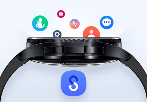 Vue lat&eacute;rale de la Galaxy Watch6 Classic orient&eacute;e vers le haut, avec diff&eacute;rentes ic&ocirc;nes d&rsquo;applications qui s&rsquo;affichent &agrave; l&rsquo;&eacute;cran pour indiquer le transfert de donn&eacute;es. Sous la Watch, se trouve l&rsquo;ic&ocirc;ne de l&rsquo;application Smart Switch.
