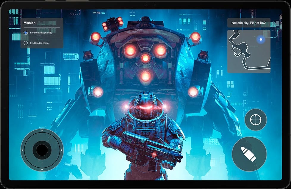 Une Galaxy Tab S9 en mode Paysage avec un jeu d&rsquo;action de science-fiction &agrave; l&rsquo;&eacute;cran.