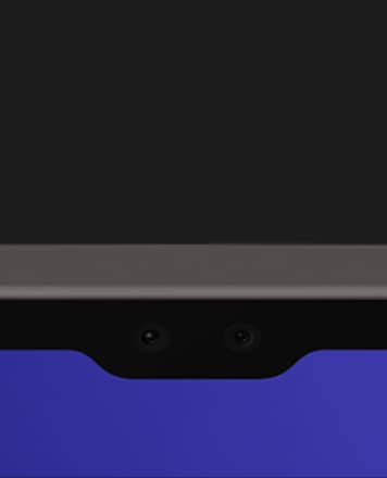 Gros plan sur le syst&egrave;me d&rsquo;appareil photo de la Galaxy Tab S9 Ultra &agrave; l&rsquo;avant, pr&eacute;sentant l&rsquo;objectif frontal grand angle 12&nbsp;MP et l&rsquo;objectif frontal ultra grand angle 12&nbsp;MP.