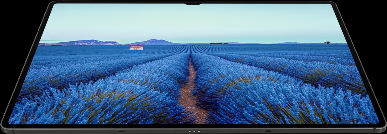 Une Galaxy Tab S9 en mode Paysage avec un fond d&rsquo;&eacute;cran de champ bleu &agrave; l&rsquo;&eacute;cran, illustrant les couleurs vives.