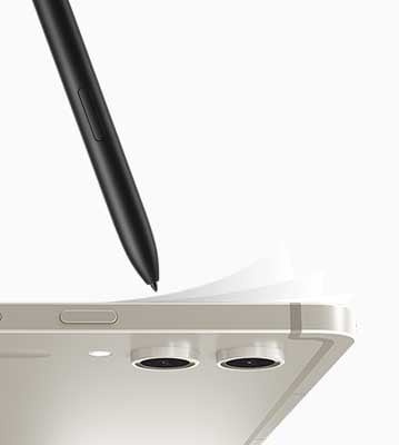 Une Galaxy Tab S9 pos&eacute;e &agrave; l&rsquo;horizontale avec le c&ocirc;t&eacute; et l&rsquo;arri&egrave;re visibles et le S Pen point&eacute; vers l&rsquo;&eacute;cran. Le filtre d&rsquo;&eacute;cran NotePaper est affich&eacute; sous forme de couches semblables &agrave; du papier sur l&rsquo;&eacute;cran de l&rsquo;appareil.