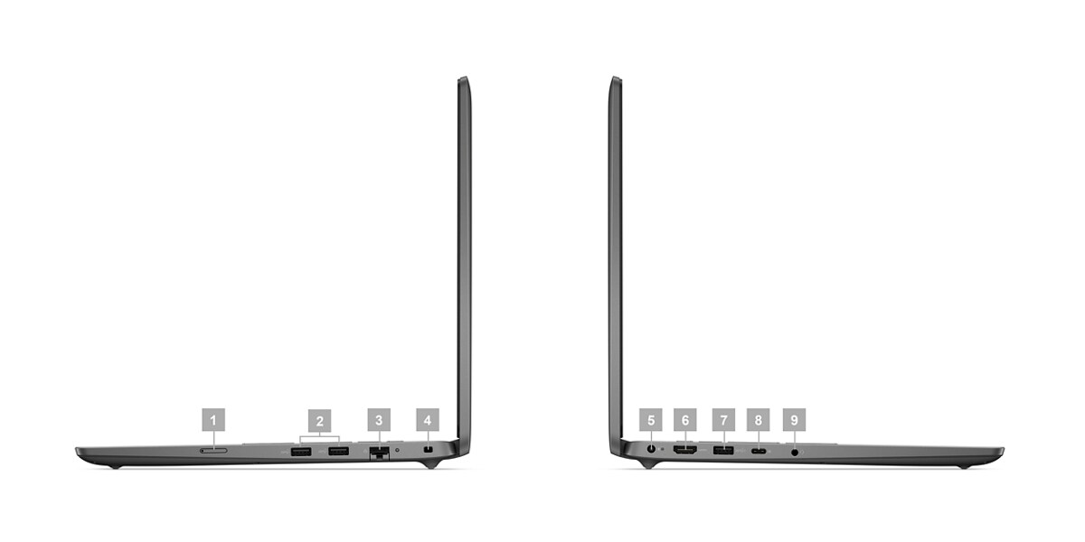 Ordinateur portable&nbsp;Dell&nbsp;Latitude&nbsp;15&nbsp;3540 avec des num&eacute;ros compris entre&nbsp;1 et&nbsp;9, indiquant les ports et logements du produit.