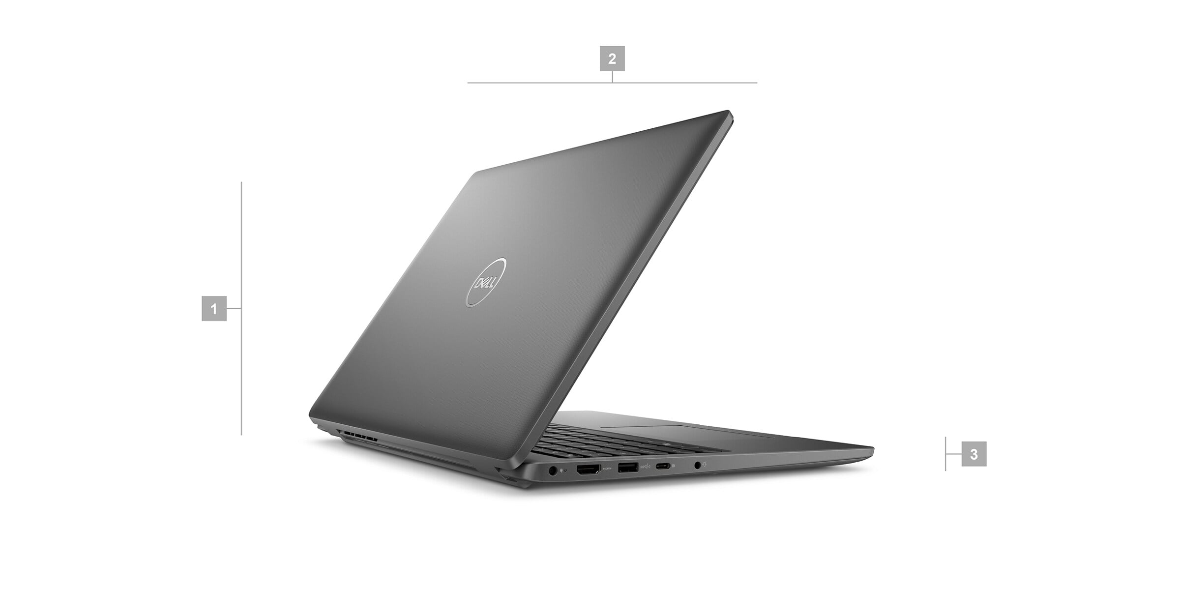 Ordinateur portable&nbsp;Dell&nbsp;Latitude&nbsp;15&nbsp;3540 avec des num&eacute;ros compris entre&nbsp;1 et&nbsp;3, indiquant les dimensions et le poids du produit.
