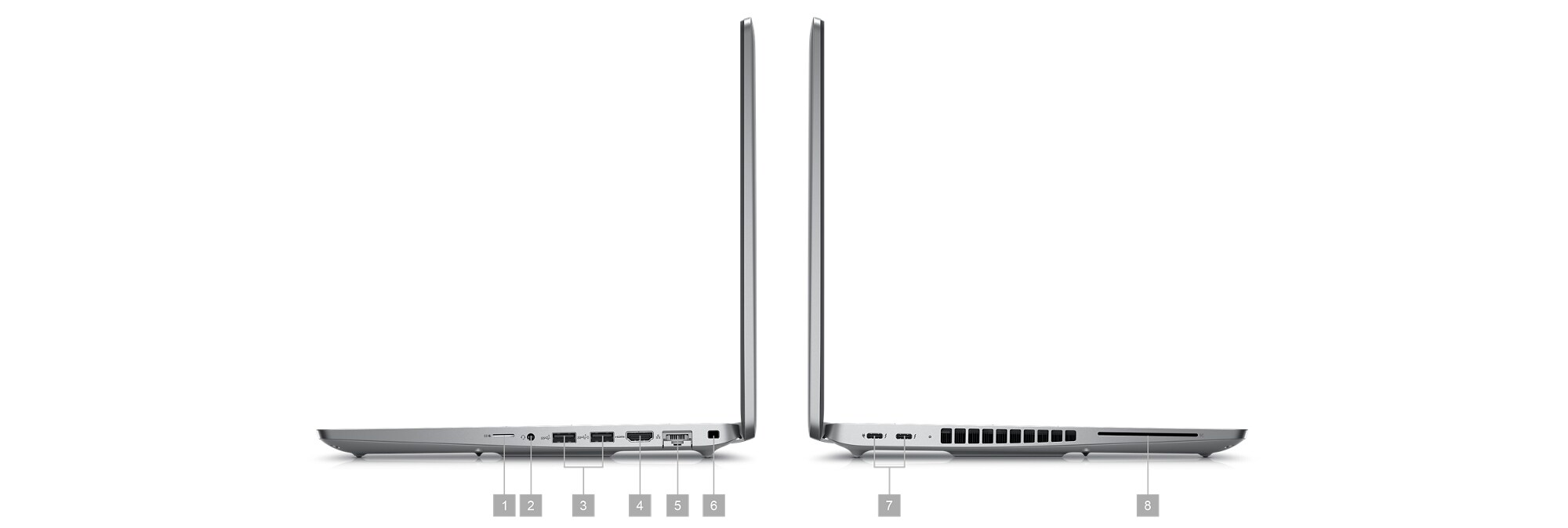 Station de travail mobile&nbsp;Dell&nbsp;Precision&nbsp;15&nbsp;3581 avec des num&eacute;ros allant de&nbsp;1 &agrave;&nbsp;8 indiquant les ports et les logements du produit.