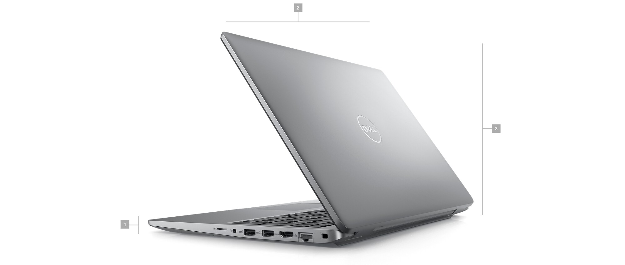 Ordinateur portable&nbsp;Dell&nbsp;Precision&nbsp;15&nbsp;3581 avec des num&eacute;ros allant de&nbsp;1 &agrave;&nbsp;3 indiquant les dimensions et le poids du produit.