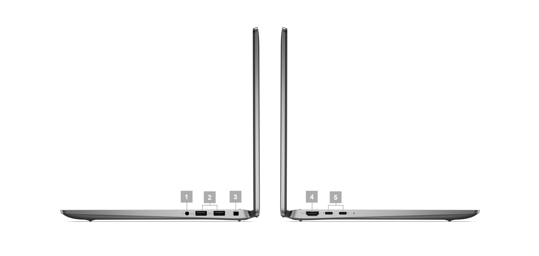 Ordinateur portable&nbsp;2-en-1&nbsp;Dell&nbsp;Latitude&nbsp;14&nbsp;7440 avec des num&eacute;ros de&nbsp;1 &agrave;&nbsp;5 indiquant les ports et les logements du produit.