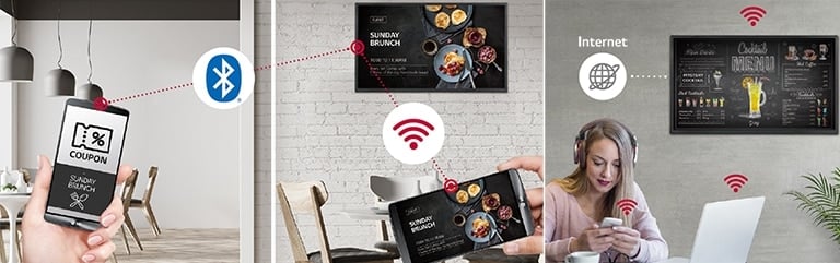 Les coupons ou les promotions de ventes peuvent &ecirc;tre disponibles gr&acirc;ce au Bluetooth. De plus, le contenu du panneau, install&eacute; sur le mur du magasin, est le m&ecirc;me que celui de l&rsquo;appareil mobile qu&rsquo;une personne tient, gr&acirc;ce &agrave; la fonction Mise en miroir du contenu via le r&eacute;seau Wi-Fi. La s&eacute;rie SM5J est install&eacute;e au mur et une femme utilise un PC personnel et un t&eacute;l&eacute;phone portable. Cette image montre que l&rsquo;affichage peut &ecirc;tre connect&eacute; sans fil &agrave; l&rsquo;ordinateur et au t&eacute;l&eacute;phone portable qu&rsquo;elle tient.