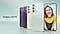 Five Galaxy S23 FE devices in Purple, Graphite, Cream and Mint. Four are seen standing upright from the rear overlapping on top of each other. The other one is seen from the front with a woman up-close onscreen smiling at the camera.