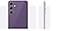Two Galaxy S23 FE devices in Purple. One stands upright and is seen from the rear. The other is seen from the side to show the floating camera design.