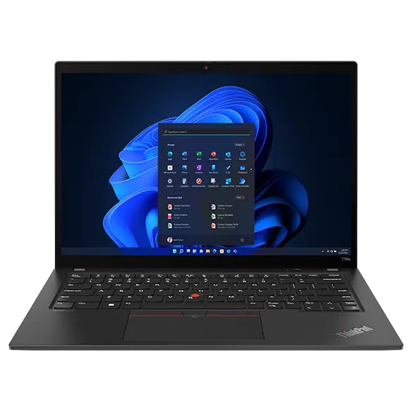 Lenovo ThinkPad T14s laptop: Front view, lid open, with Windows menu on the display