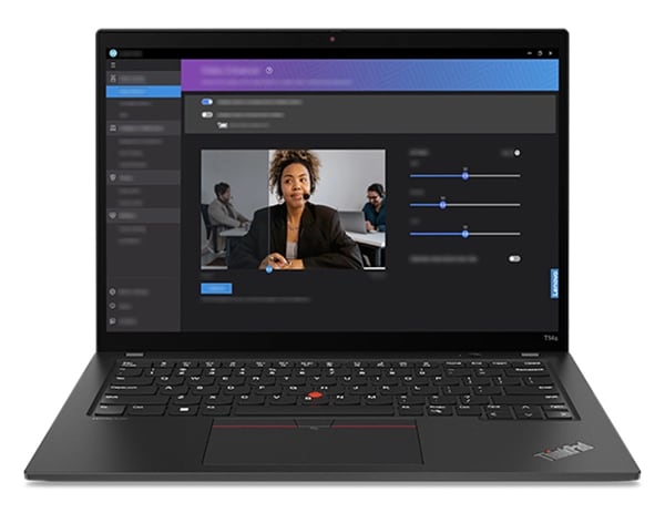 Vue avant du portable Lenovo ThinkPad T14s Gen 4 ouvert à 90 degrés et de son écran affichant Lenovo View.