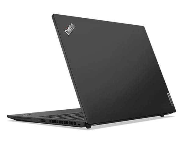 Vue arrière du portable Lenovo ThinkPad T14s Gen 4, incliné pour montrer les ports du côté droit et une partie du clavier.