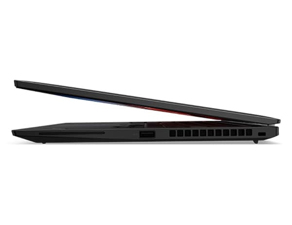 Vue latérale droite du portable Lenovo ThinkPad T14s Gen 4 ouvert à 15 degrés.