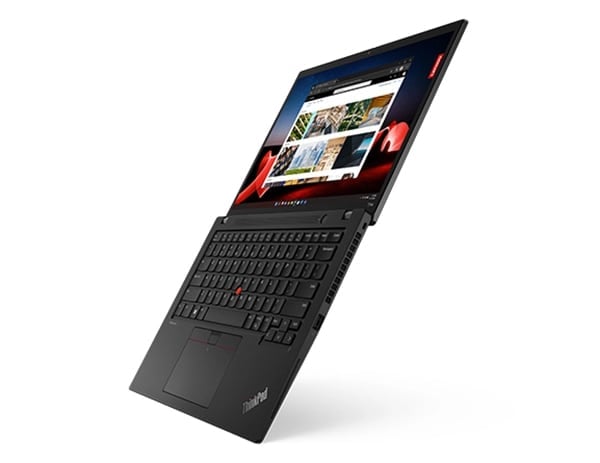 Portable Lenovo ThinkPad T14s Gen 4 flottant, ouvert à 180 degrés et légèrement incliné pour montrer les ports du côté droit, le clavier et l’écran.