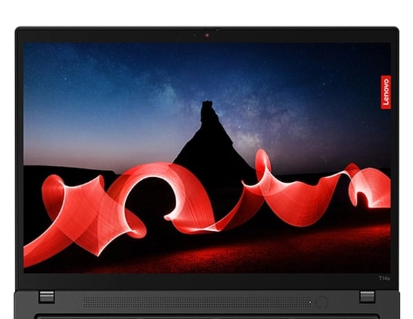 Gros plan sur la webcam et le bouton de mise sous tension avec lecteur d’empreintes digitales intégré sur le portable Lenovo ThinkPad T14s Gen 4.