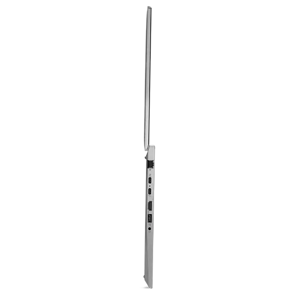 Vue du profil droit de l'ordinateur portable Lenovo ThinkPad&nbsp;T14 Gen&nbsp;4 en Storm Grey, ouvert &agrave; 180&nbsp;degr&eacute;s.