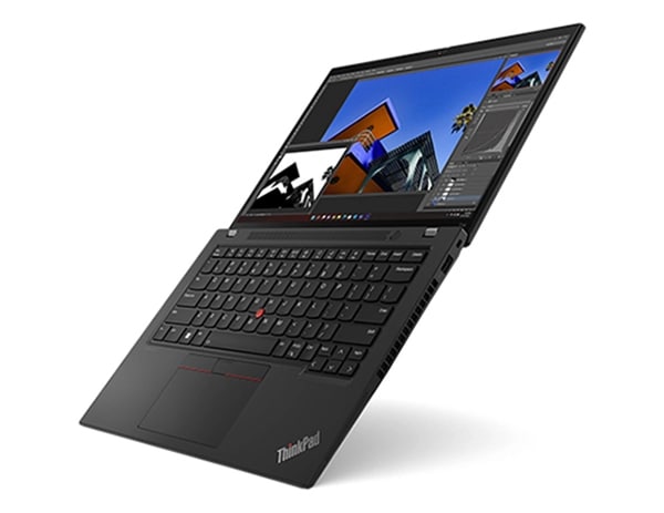 Portable Lenovo ThinkPad T14 Gen 4 flottant, ouvert à 180 degrés et légèrement incliné pour montrer les ports latéraux droits, le clavier et l’écran.