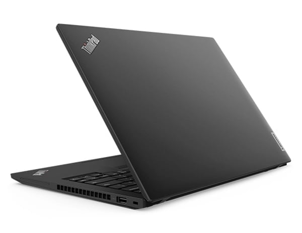 Vue arrière du portable Lenovo ThinkPad T14 Gen 4, incliné pour montrer les ports latéraux droits et une partie du clavier.