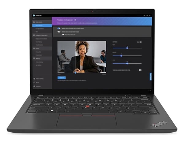 Vue avant du portable Lenovo ThinkPad T14 Gen 4 ouvert à 90 degrés et de son écran affichant Lenovo View.