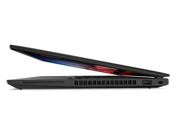 Vue de droite du portable Lenovo ThinkPad T14 Gen 4 ouvert à 15 degrés.