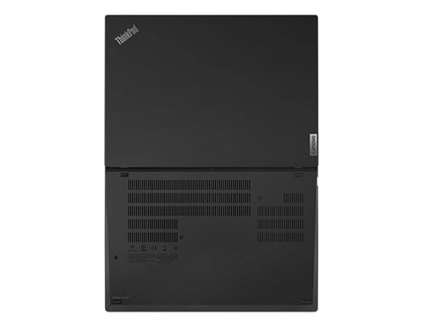 Vue de dessus du portable Lenovo ThinkPad T14, ouvert à 180 degrés, montrant les capots inférieur et supérieur.