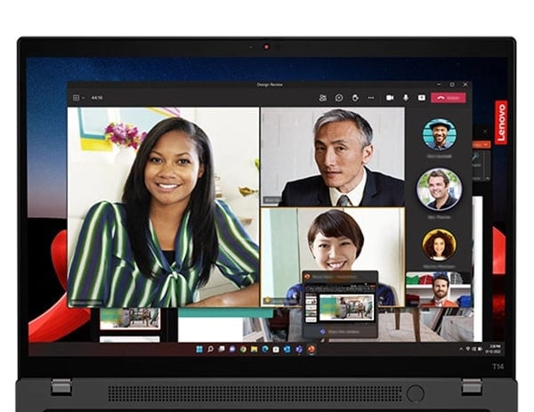 Gros plan sur le portable Lenovo ThinkPad T14 Gen 4 avec visioconférence, webcam et lecteur d’empreintes digitales intégré au bouton de mise sous tension.