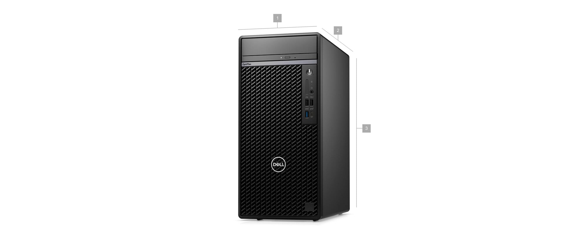 Ordinateur de bureau&nbsp;Dell&nbsp;OptiPlex&nbsp;7010&nbsp;Plus avec des num&eacute;ros de&nbsp;1 &agrave;&nbsp;3 indiquant les dimensions et le poids du produit.