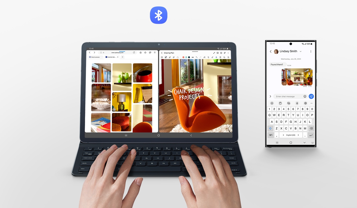 Une personne utilise la Galaxy Tab S9 avec le Book Cover Keyboard fin. Son &eacute;cran est divis&eacute; en deux fen&ecirc;tres avec plusieurs r&eacute;sultats d&rsquo;images de mobilier d&rsquo;int&eacute;rieur sur le Web, et l&rsquo;une des images en cours de modification. Un smartphone Galaxy avec l&rsquo;image &agrave; l&rsquo;&eacute;cran pendant que les lettres sont tap&eacute;es avec le clavier de l&rsquo;&eacute;tui. Le logo Bluetooth est affich&eacute;.