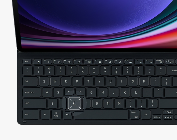 Une vue de face du clavier du Book Cover Keyboard Slim avec les touches de fonction en surbrillance. Une touche est mise en surbrillance.