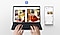 Une personne utilisant la Galaxy Tab S9+ avec le Book Cover Keyboard Slim. Un smartphone Galaxy affiche les lettres tap&eacute;es sur le clavier de l'&eacute;tui. Le logo Bluetooth s'affiche.
