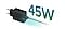 A black USB Type-C adapter has green streaks around it indicating super fast charging. The text 45W is above the cable in green.