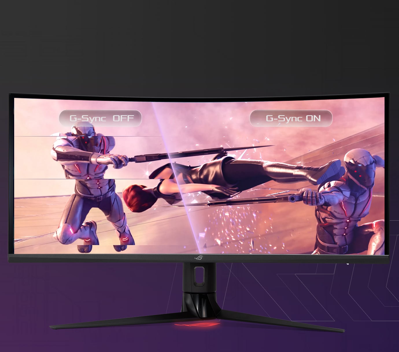 Une comparaison montrant ROG Strix XG349C avec et sans G-SYNC