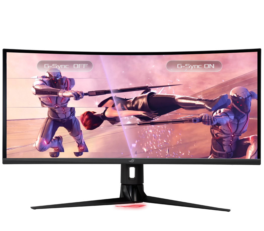 Une comparaison montrant ROG Strix XG349C avec et sans G-SYNC