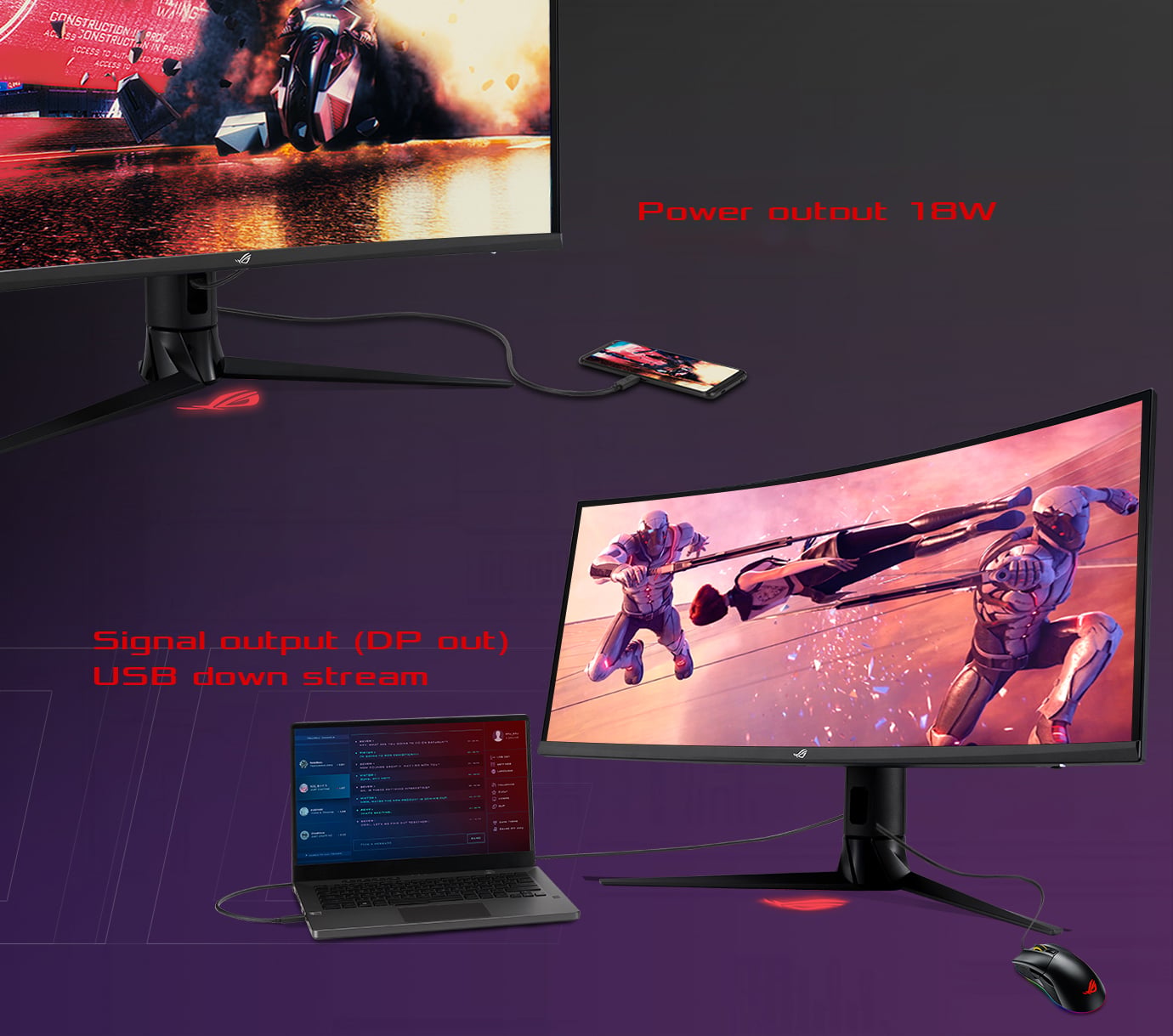 Le ROG Strix XG349C est repr&eacute;sent&eacute; en train de charger un t&eacute;l&eacute;phone mobile via le port USB-C sur le moniteur et la souris peut contr&ocirc;ler l'ordinateur portable en connectant le ROG Strix XG349C