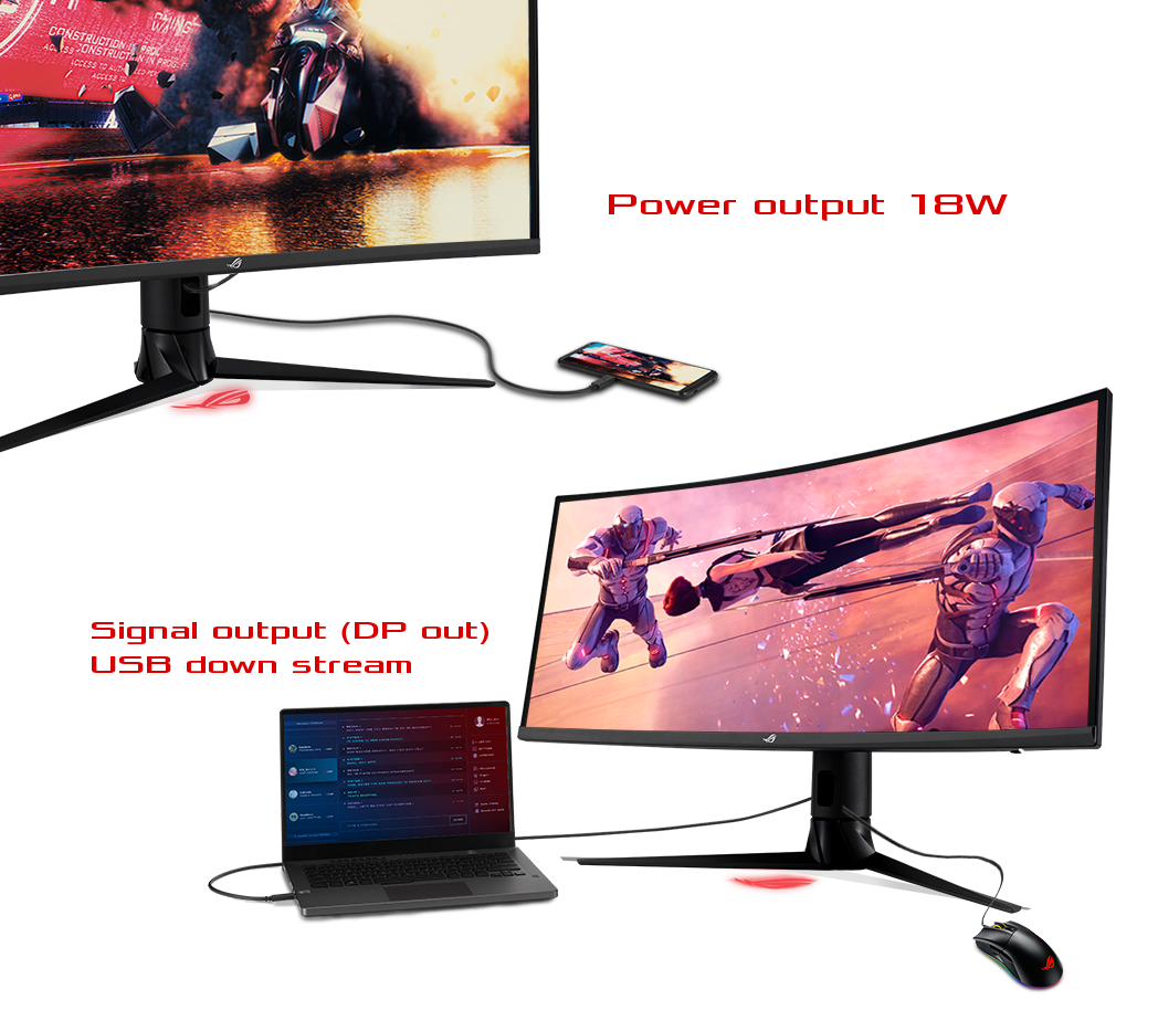 Le ROG Strix XG349C est repr&eacute;sent&eacute; en train de charger un t&eacute;l&eacute;phone mobile via le port USB-C sur le moniteur et la souris peut contr&ocirc;ler l'ordinateur portable en connectant le ROG Strix XG349C