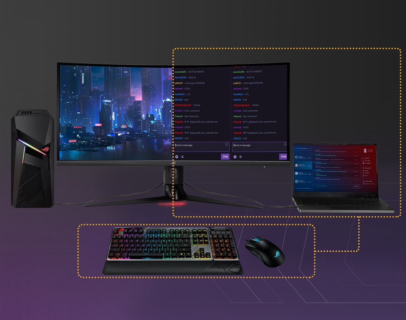 Un ROG Strix XG349C est connect&eacute; &agrave; un PC et &agrave; un ordinateur portable en m&ecirc;me temps, via un clavier et un tapis de souris