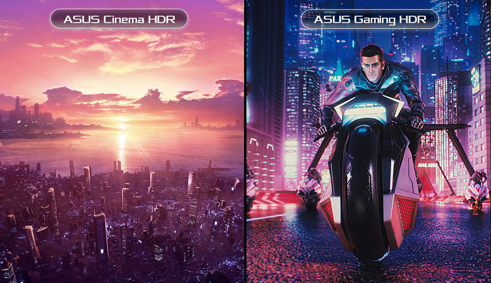 Une comparaison montrant le ROG Strix XG349C avec le mode Cinema HDR et le mode Gaming HDR