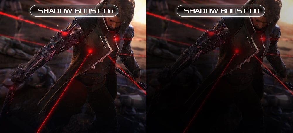 Une comparaison montrant ROG Strix XG349C avec et sans Shadow Boost