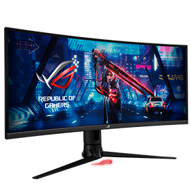 Une illustration montrant que le ROG Strix XG349C peut &ecirc;tre r&eacute;gl&eacute; en hauteur, en angle et en inclinaison